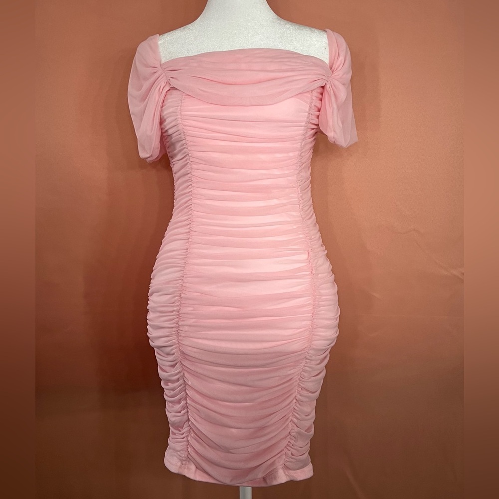 Pink Ruched Elegant Dress - Formal Spring Day Dress for Women - Picture 1 of 11